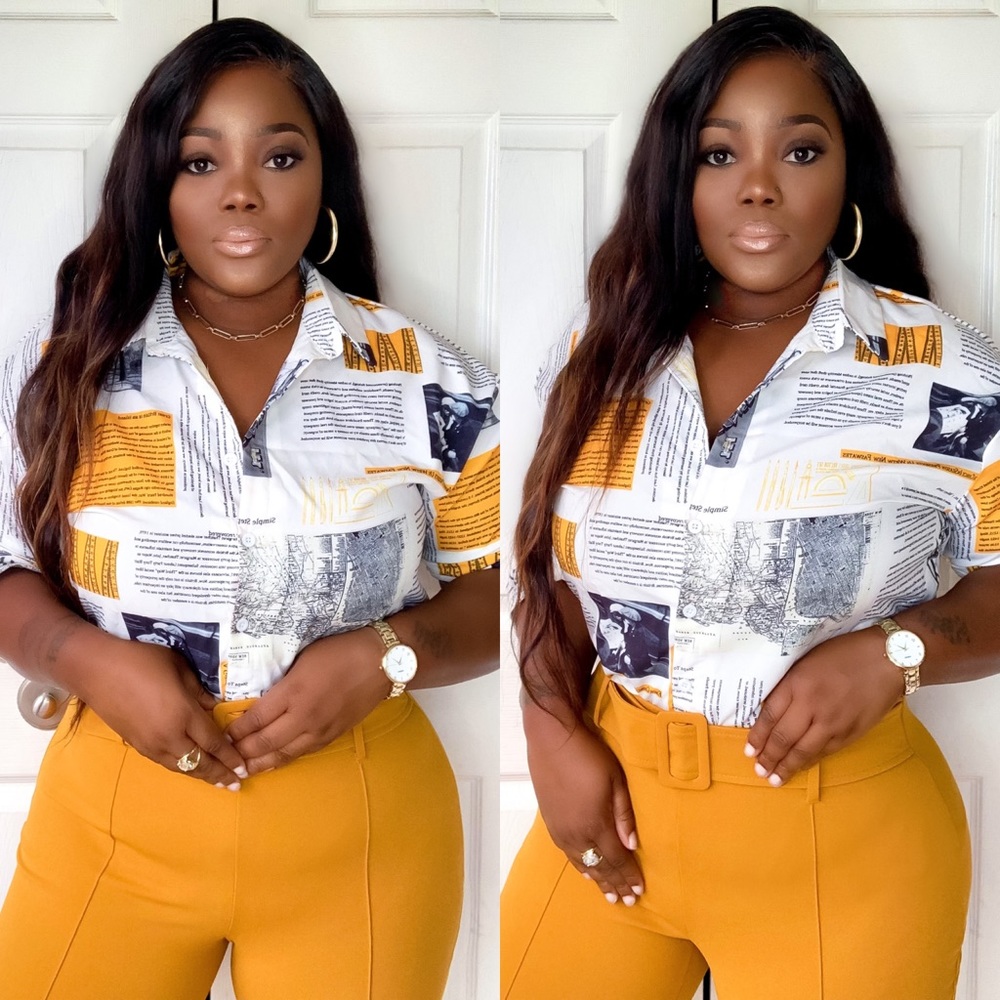 Size 1X Newspaper Print Drop Shoulder Blouse